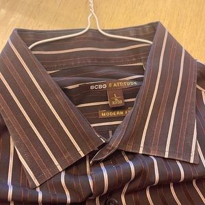 Like new brown and gold stripe bcbg button down dress shirt size large.